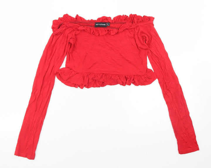 PRETTYLITTLETHING Womens Red  Viscose Cropped T-Shirt Size 8 Off the Shoulder