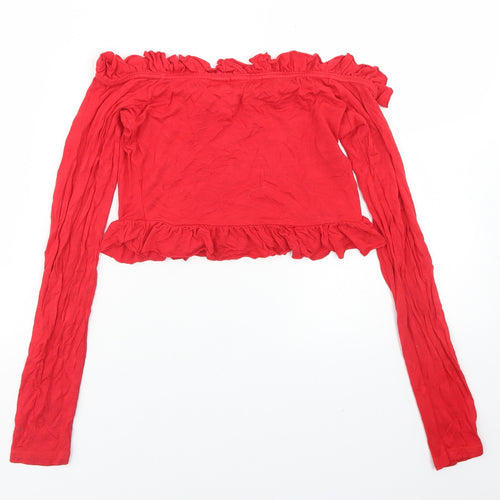 PRETTYLITTLETHING Womens Red  Viscose Cropped T-Shirt Size 8 Off the Shoulder