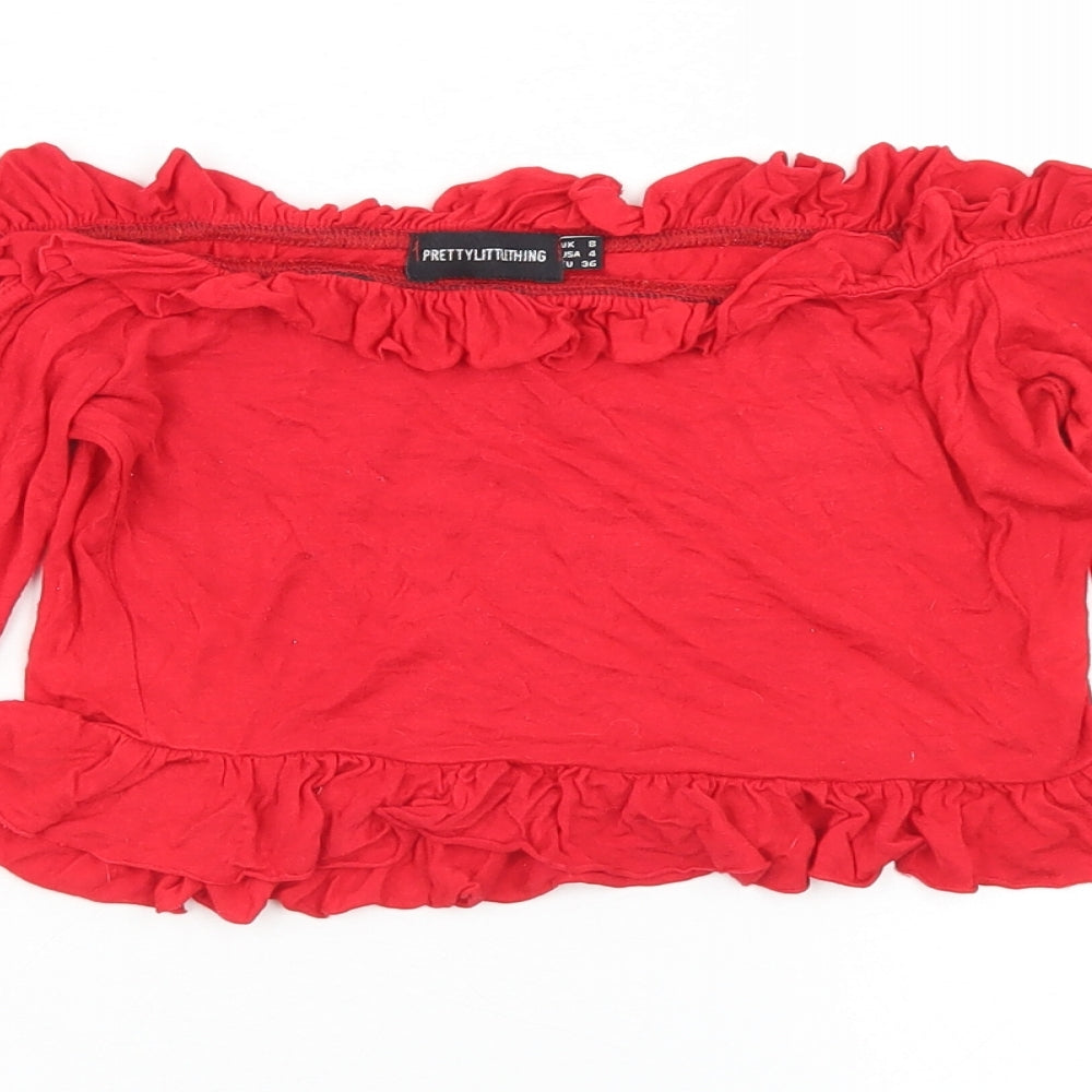 PRETTYLITTLETHING Womens Red  Viscose Cropped T-Shirt Size 8 Off the Shoulder