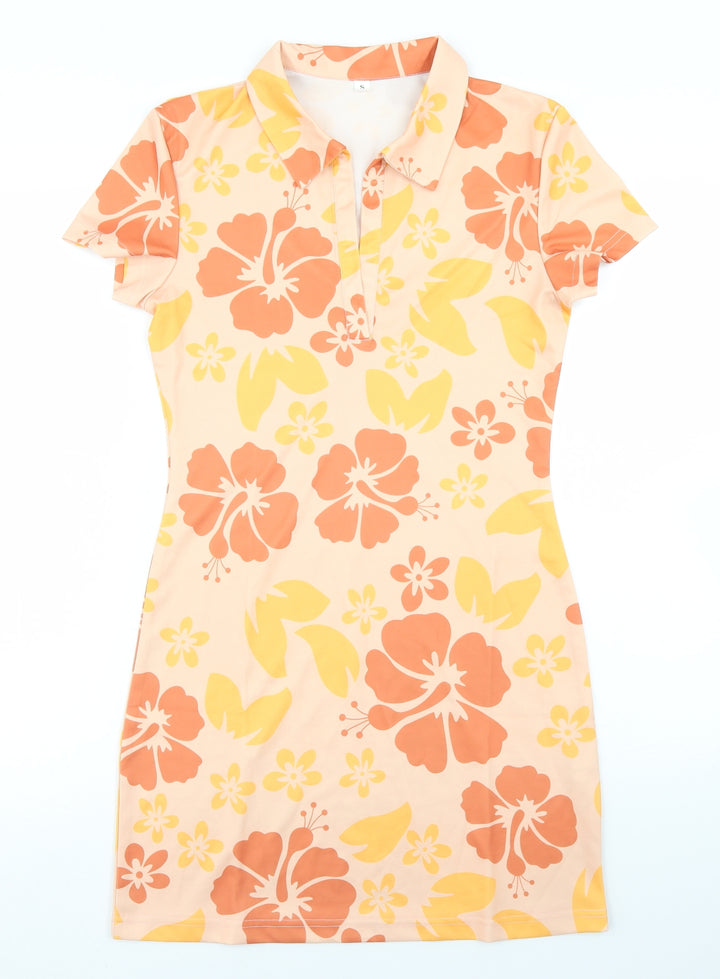 SheIn Womens Beige Floral Polyester Bodycon Size S Collared