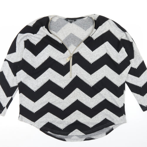 Bonmarché Womens Grey Striped Polyester Basic T-Shirt Size M V-Neck