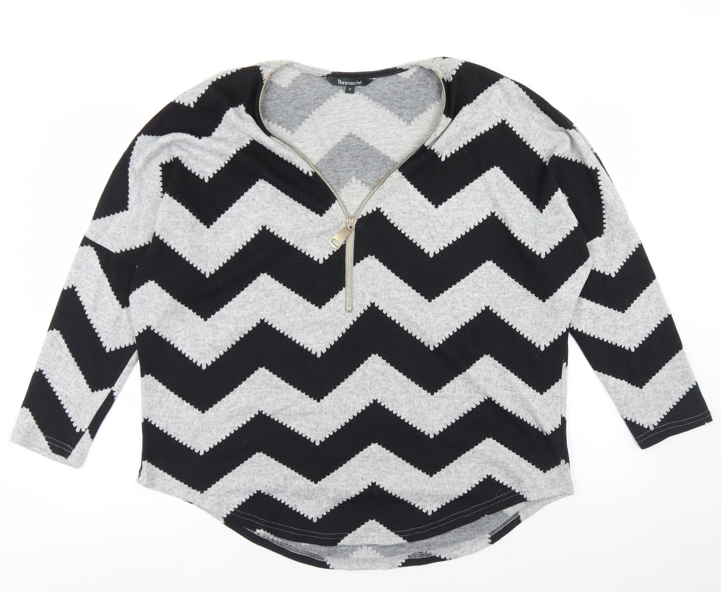 Bonmarché Womens Grey Striped Polyester Basic T-Shirt Size M V-Neck