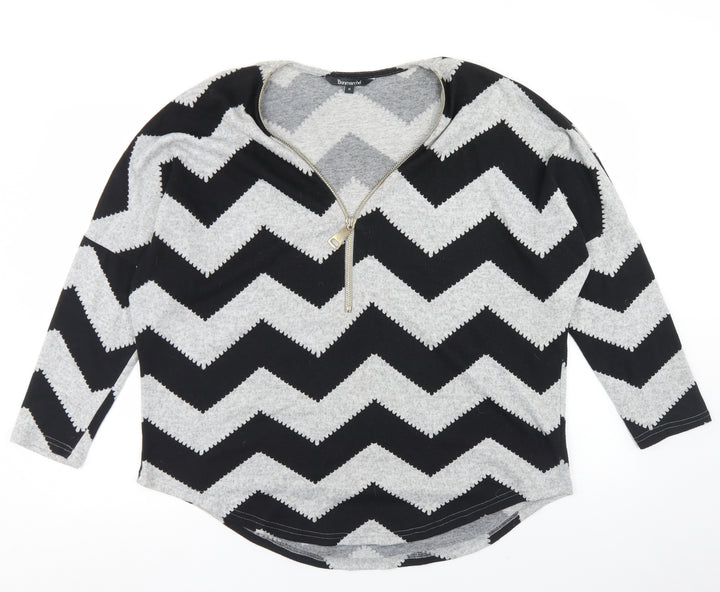 Bonmarché Womens Grey Striped Polyester Basic T-Shirt Size M V-Neck