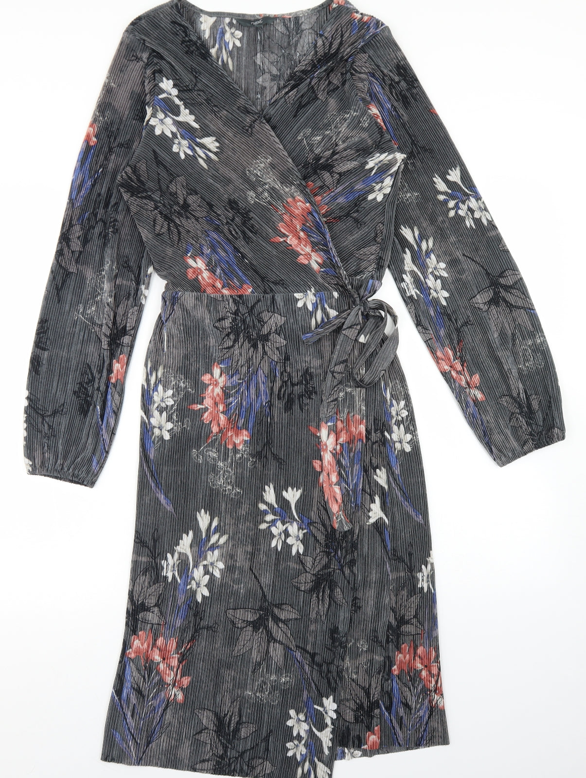 NEXT Womens Grey Floral Polyester Wrap Dress  Size 14  V-Neck Tie
