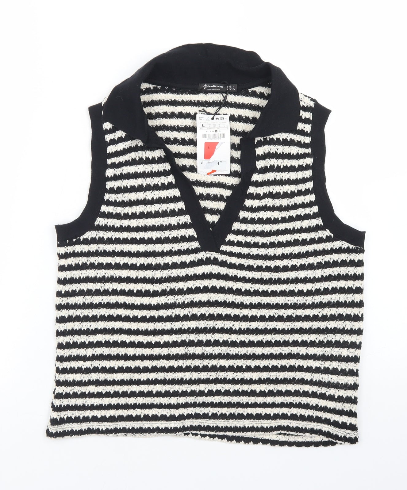 Stradivarius Womens Black Collared Striped Cotton Vest Jumper Size L