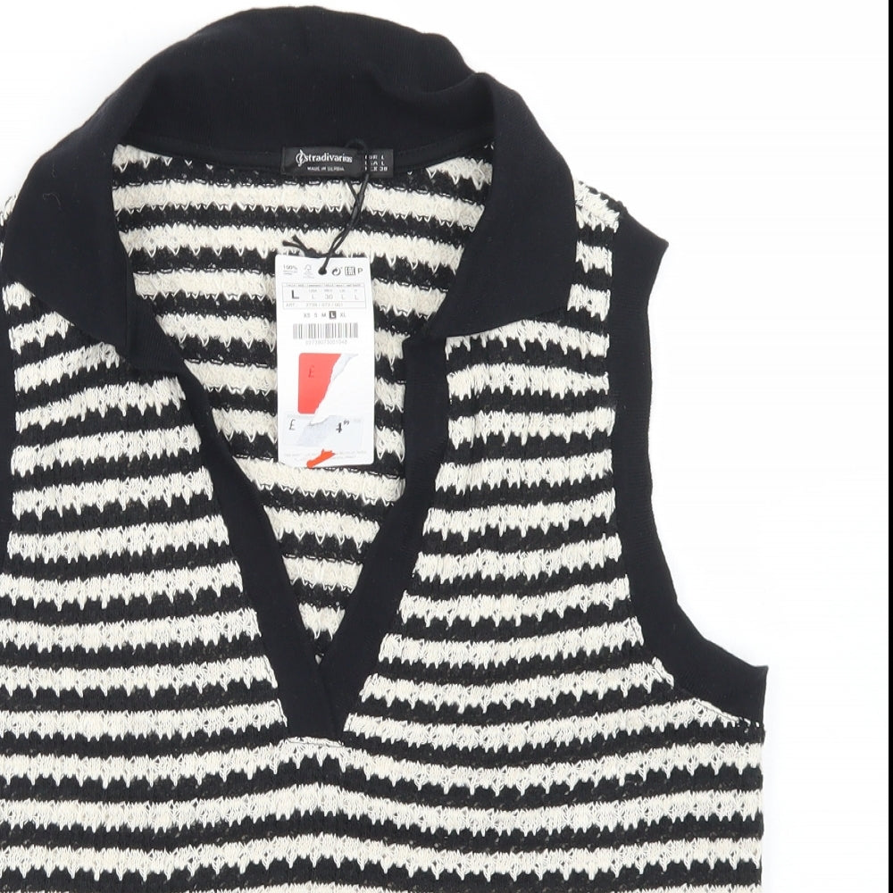 Stradivarius Womens Black Collared Striped Cotton Vest Jumper Size L