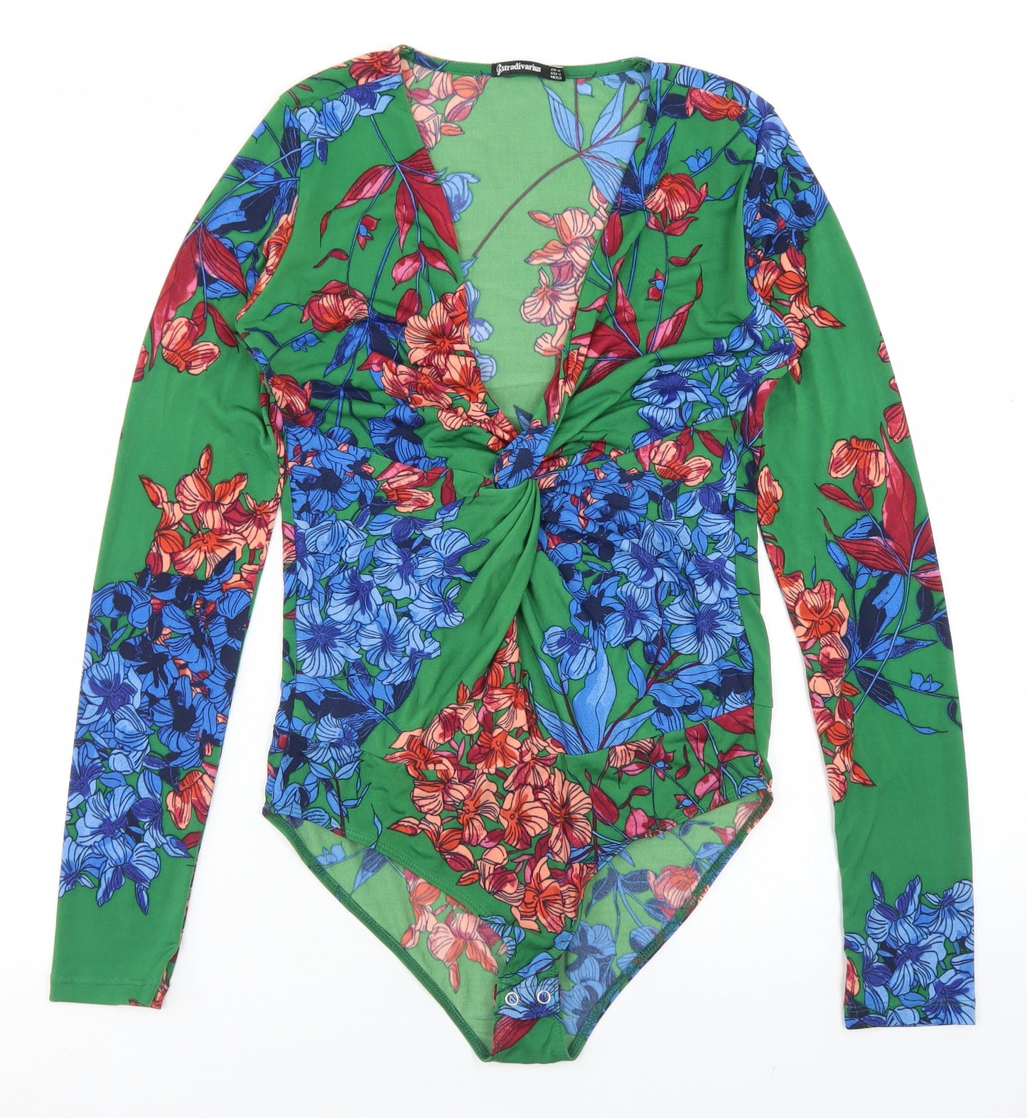 Stradivarius Womens Green Floral Polyester Bodysuit One-Piece Size M  Snap
