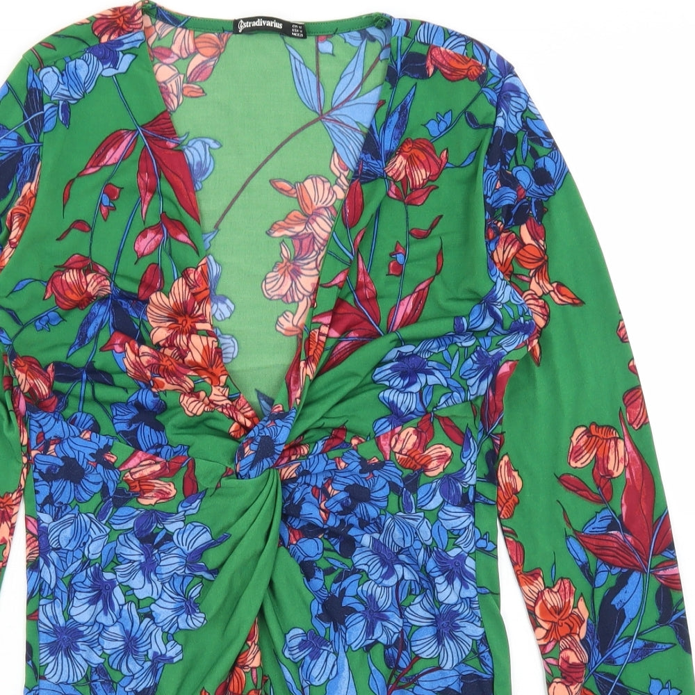 Stradivarius Womens Green Floral Polyester Bodysuit One-Piece Size M  Snap