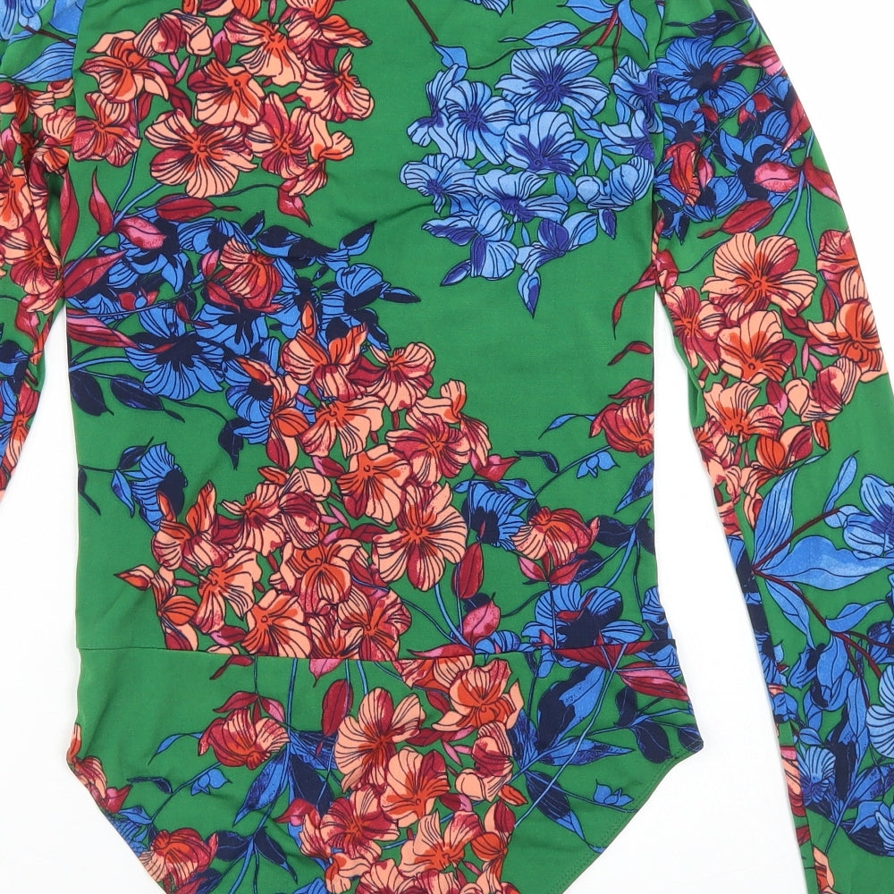 Stradivarius Womens Green Floral Polyester Bodysuit One-Piece Size M  Snap