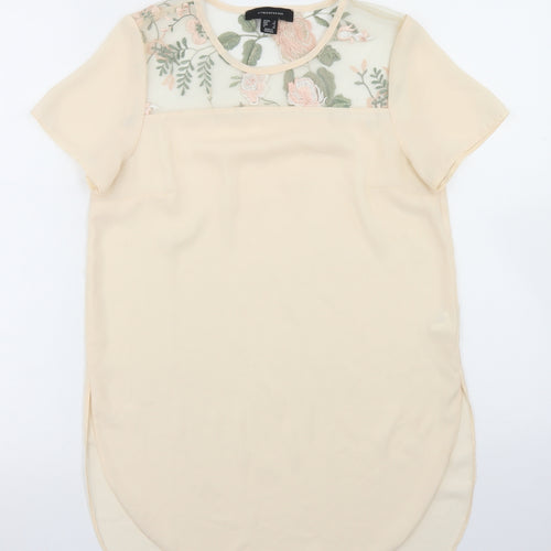 Atmosphere Womens Beige Floral Nylon Basic Blouse Size 6 Crew Neck - Mesh Panel