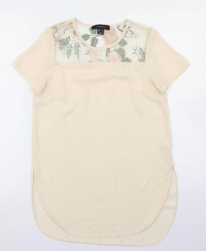 Atmosphere Womens Beige Floral Nylon Basic Blouse Size 6 Crew Neck - Mesh Panel