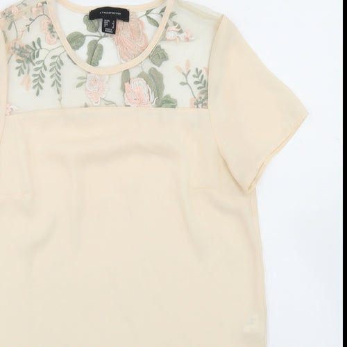 Atmosphere Womens Beige Floral Nylon Basic Blouse Size 6 Crew Neck - Mesh Panel