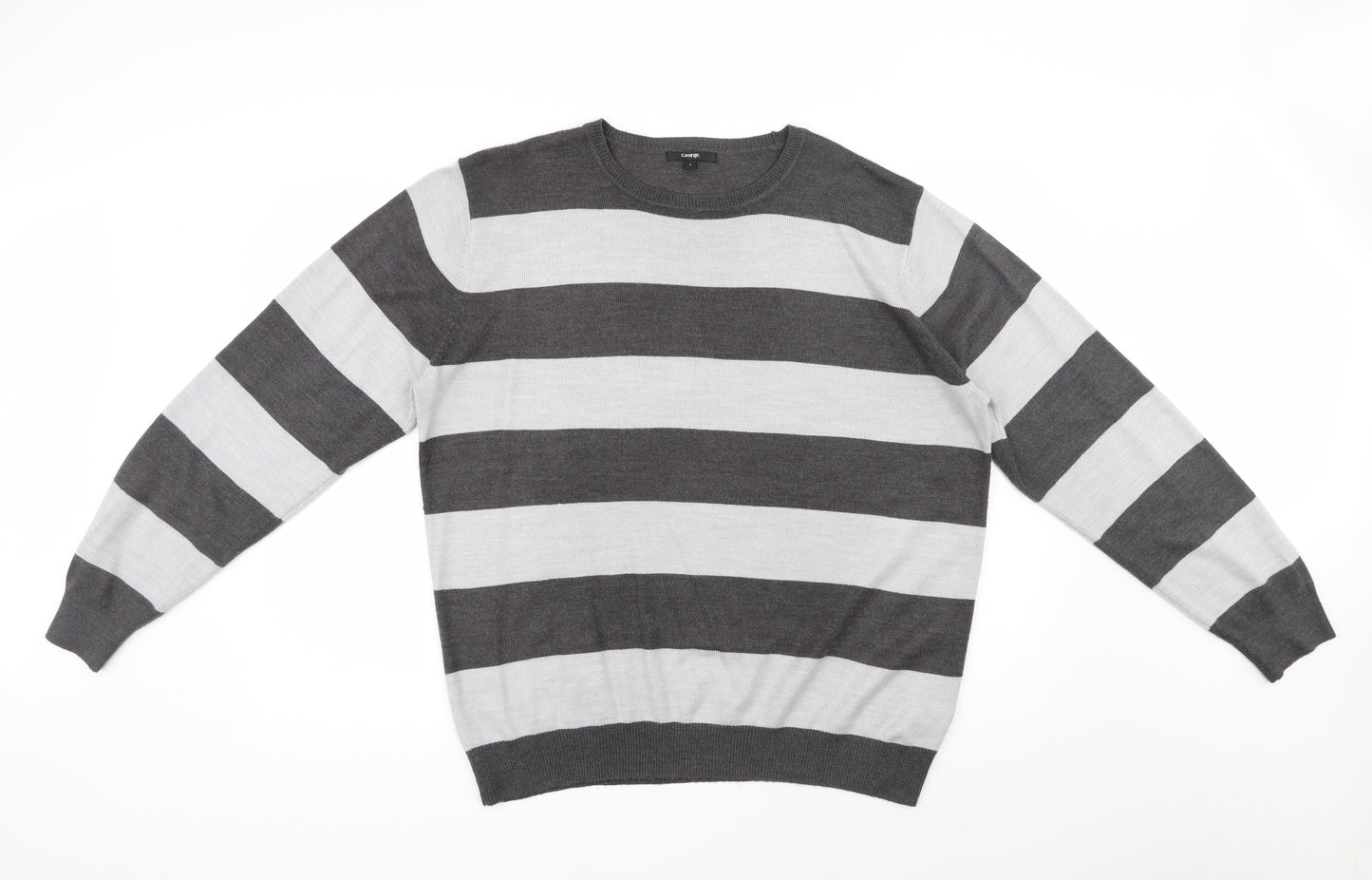 George  Mens Grey Round Neck Striped Acrylic Pullover Jumper Size L