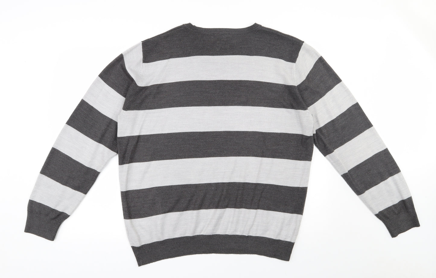 George  Mens Grey Round Neck Striped Acrylic Pullover Jumper Size L