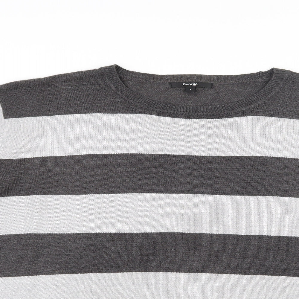 George  Mens Grey Round Neck Striped Acrylic Pullover Jumper Size L