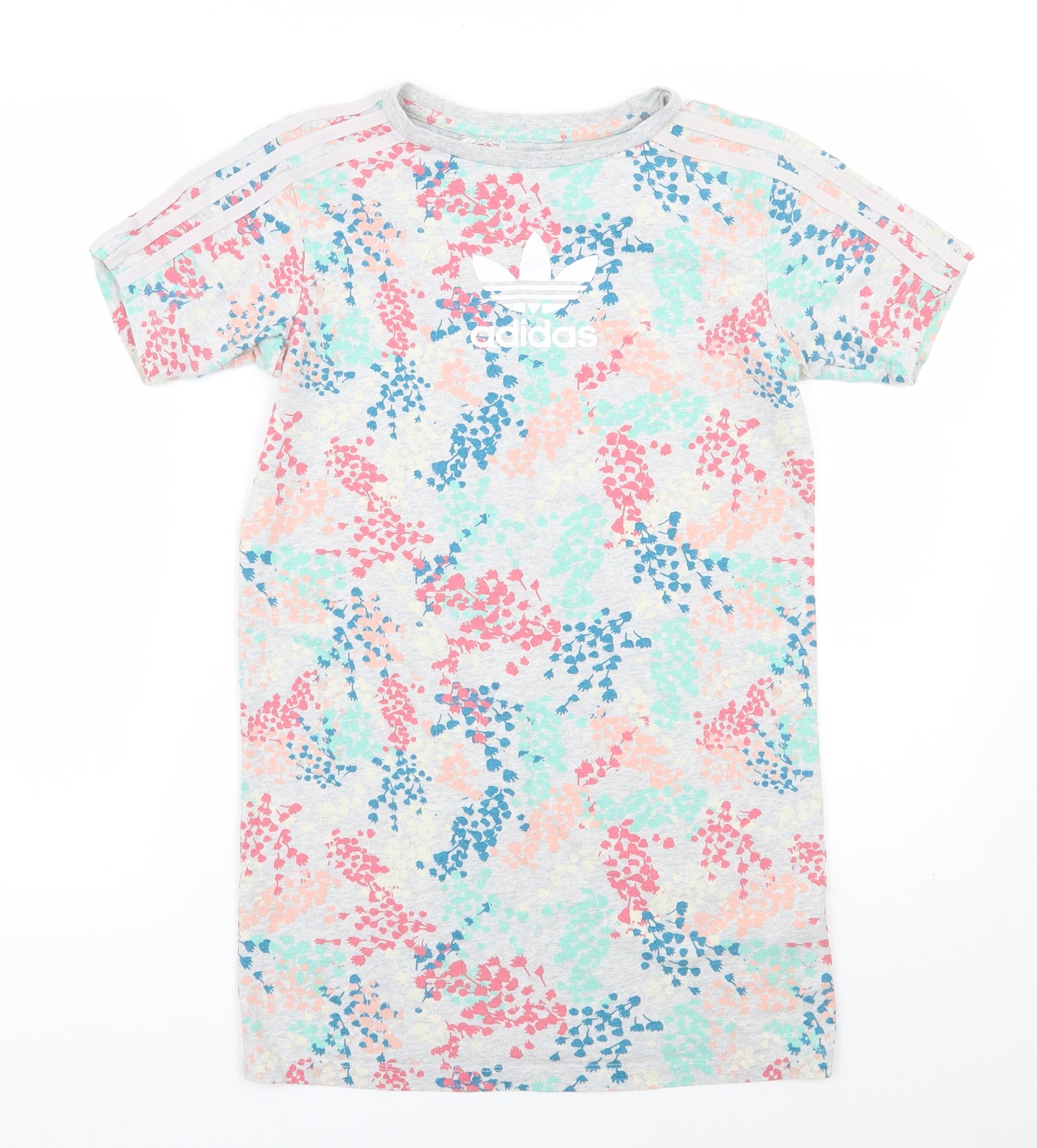 adidas Girls Grey Floral Cotton T-Shirt Dress  Size 8-9 Years  Round Neck Pullover