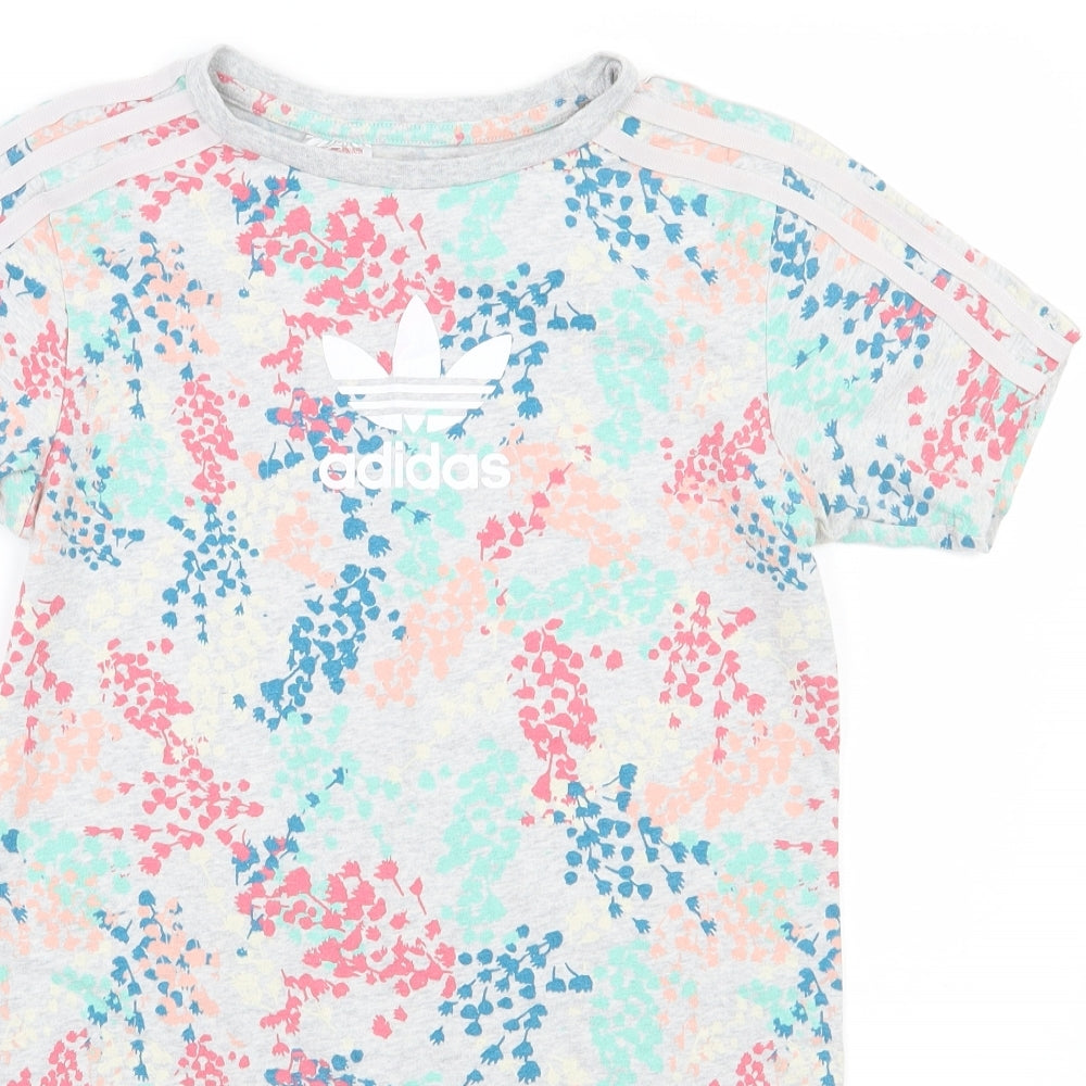 adidas Girls Grey Floral Cotton T-Shirt Dress  Size 8-9 Years  Round Neck Pullover