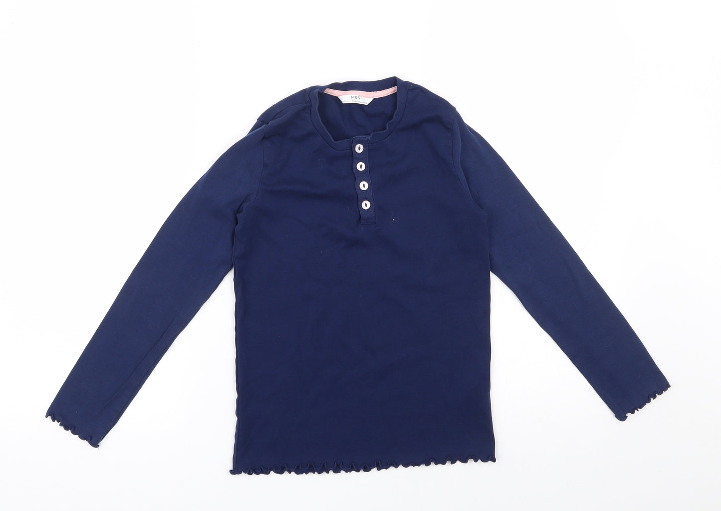 Marks and Spencer Girls Blue  Cotton Basic T-Shirt Size 9-10 Years Round Neck Button