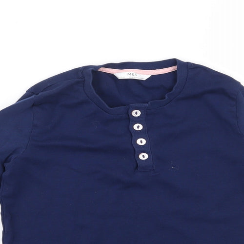 Marks and Spencer Girls Blue  Cotton Basic T-Shirt Size 9-10 Years Round Neck Button
