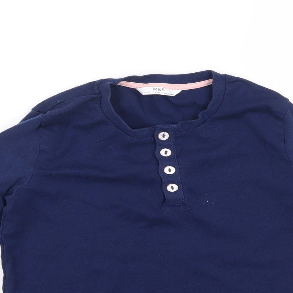 Marks and Spencer Girls Blue  Cotton Basic T-Shirt Size 9-10 Years Round Neck Button