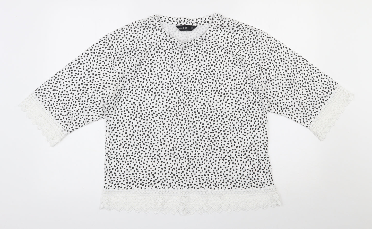 F&F Womens White Polka Dot Cotton Basic T-Shirt Size 12 Round Neck