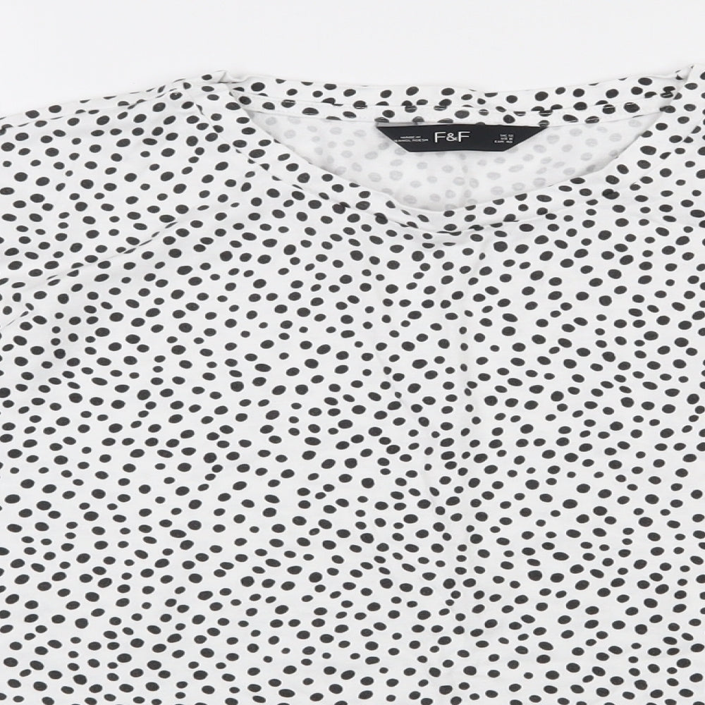 F&F Womens White Polka Dot Cotton Basic T-Shirt Size 12 Round Neck