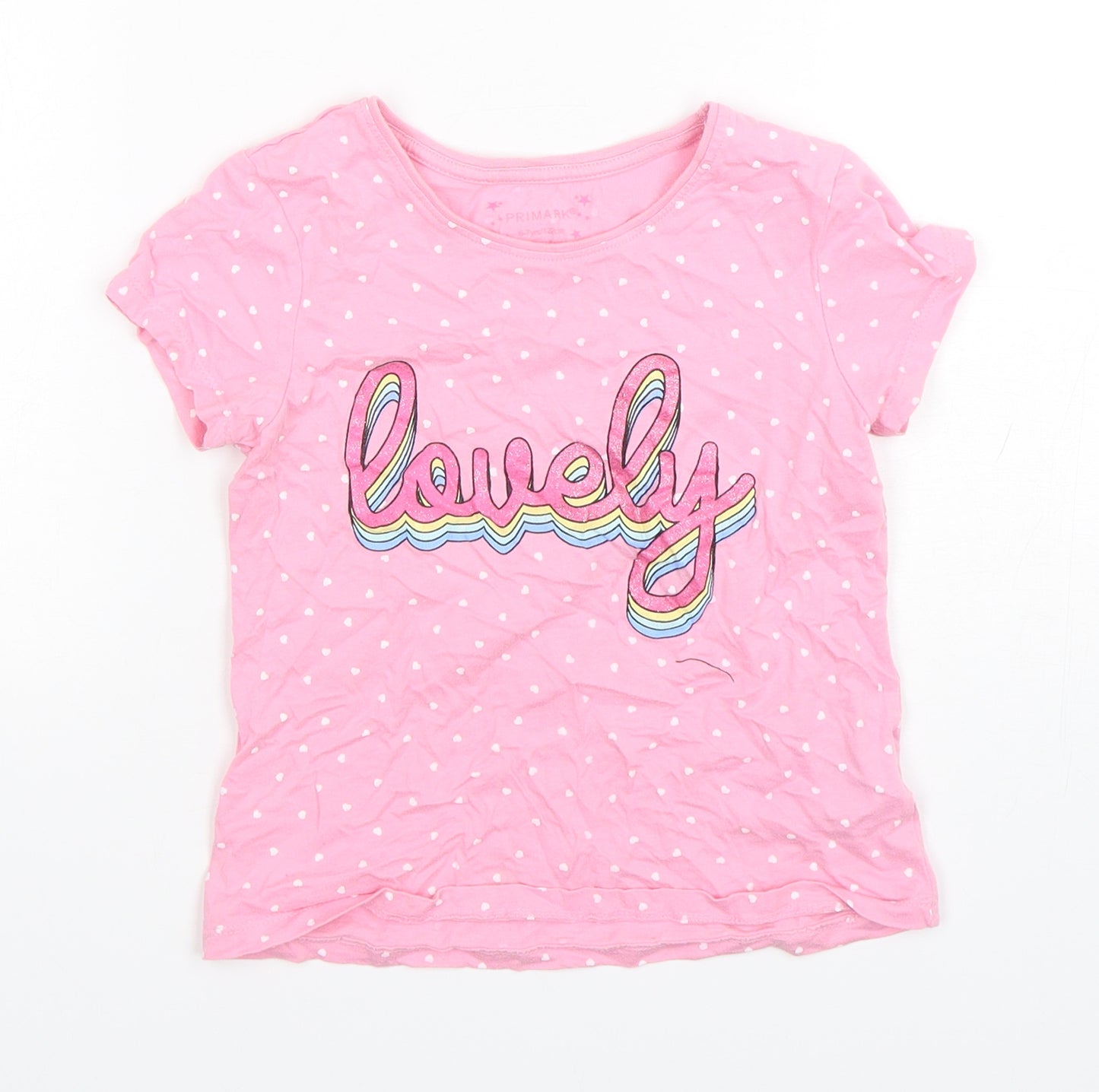 Primark Girls Pink Polka Dot Cotton Basic T-Shirt Size 6-7 Years Round Neck Pullover
