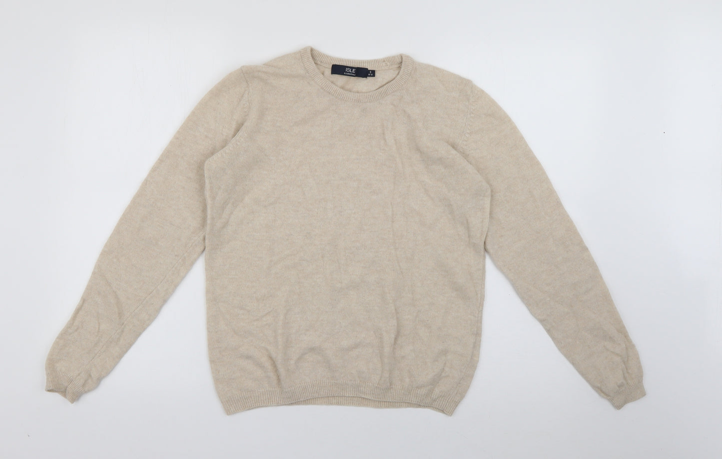Isle Womens Beige Crew Neck  Wool Pullover Jumper Size S   - Merino Wool