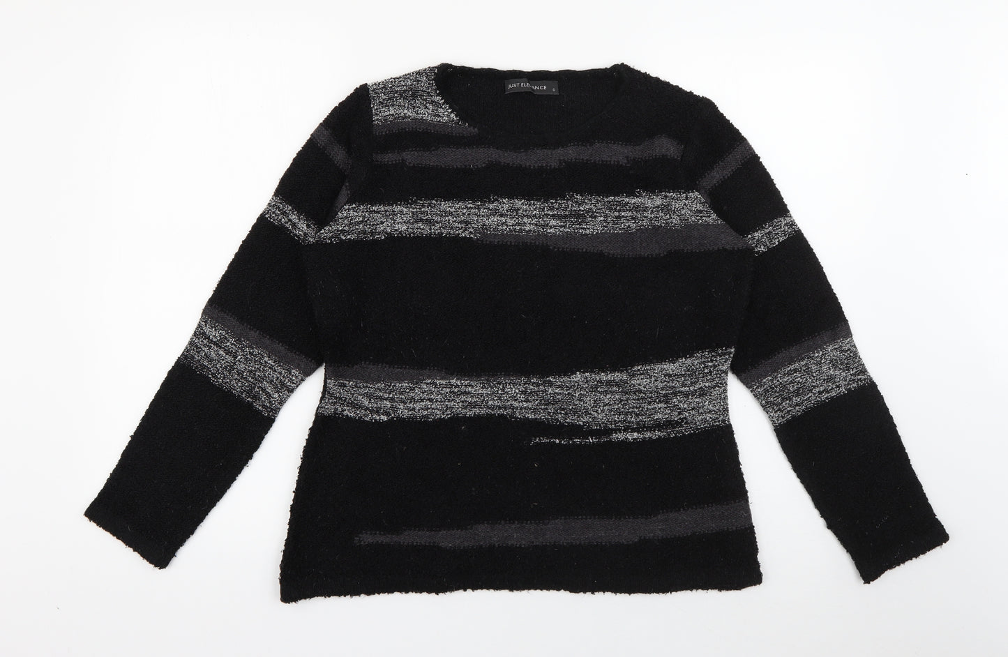 Just Elegance Womens Black Round Neck Striped Acrylic Pullover Jumper Size S