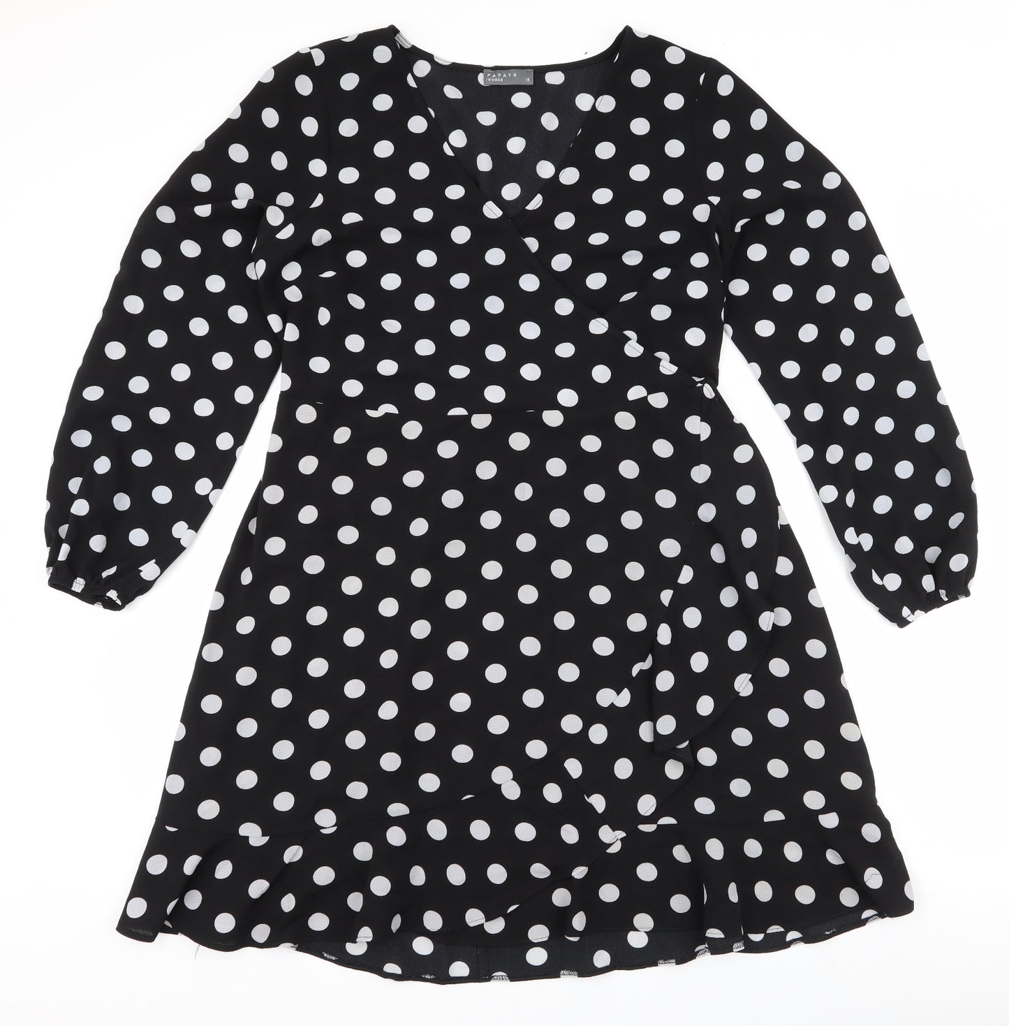 Papaya Womens Black Polka Dot Polyester Skater Dress  Size 16  V-Neck Pullover