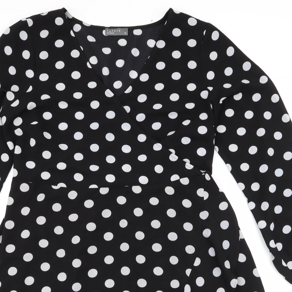 Papaya Womens Black Polka Dot Polyester Skater Dress  Size 16  V-Neck Pullover