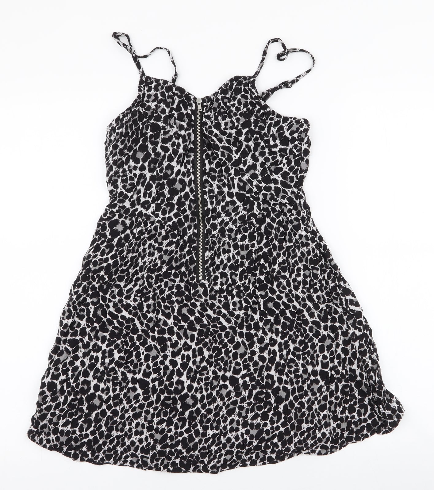 H&M Womens Black Animal Print Viscose Skater Dress  Size 8  Sweetheart Zip