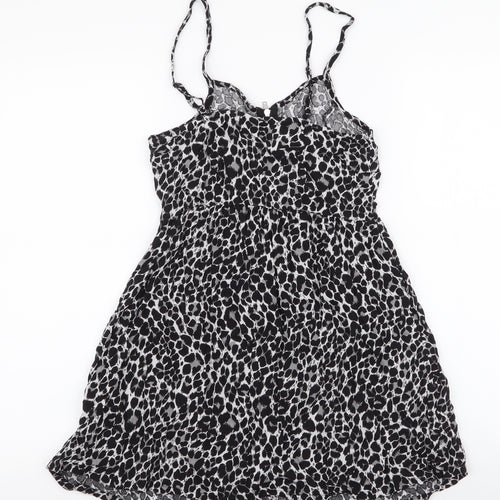 H&M Womens Black Animal Print Viscose Skater Dress  Size 8  Sweetheart Zip