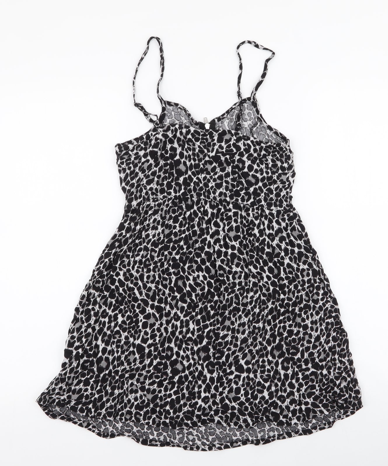 H&M Womens Black Animal Print Viscose Skater Dress  Size 8  Sweetheart Zip
