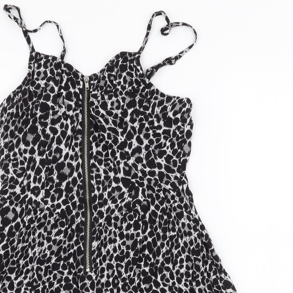 H&M Womens Black Animal Print Viscose Skater Dress  Size 8  Sweetheart Zip