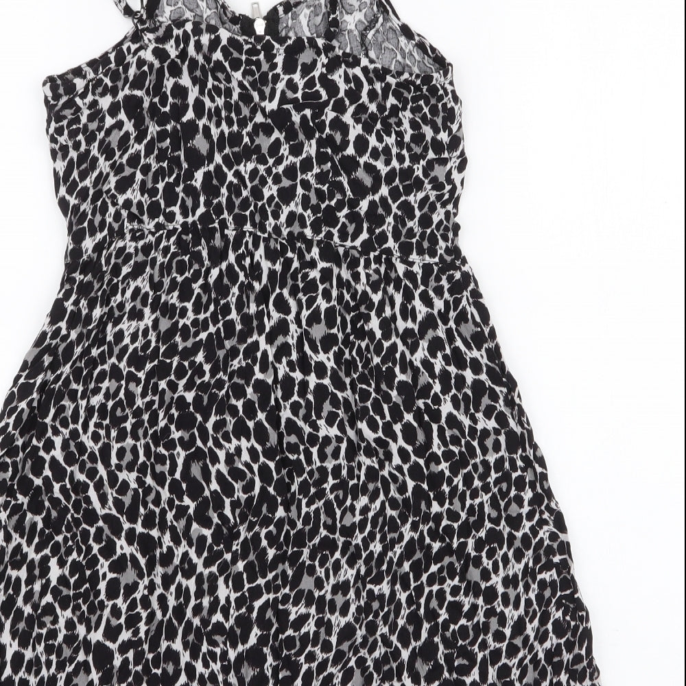 H&M Womens Black Animal Print Viscose Skater Dress  Size 8  Sweetheart Zip