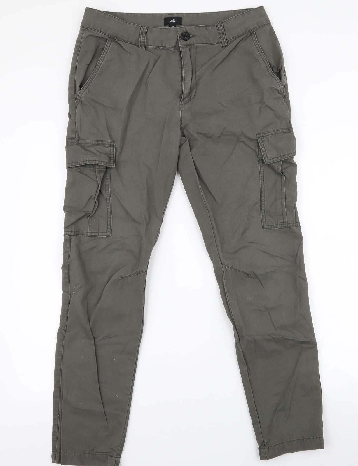 River Island Mens Green  Cotton Cargo Trousers Size 32 in L32 in Regular Zip
