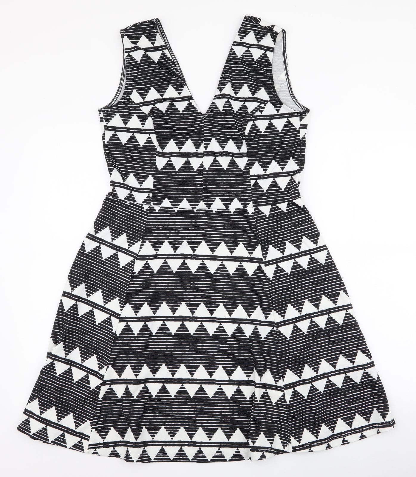 H&M Womens Black Geometric Polyester Skater Dress  Size L  V-Neck Pullover