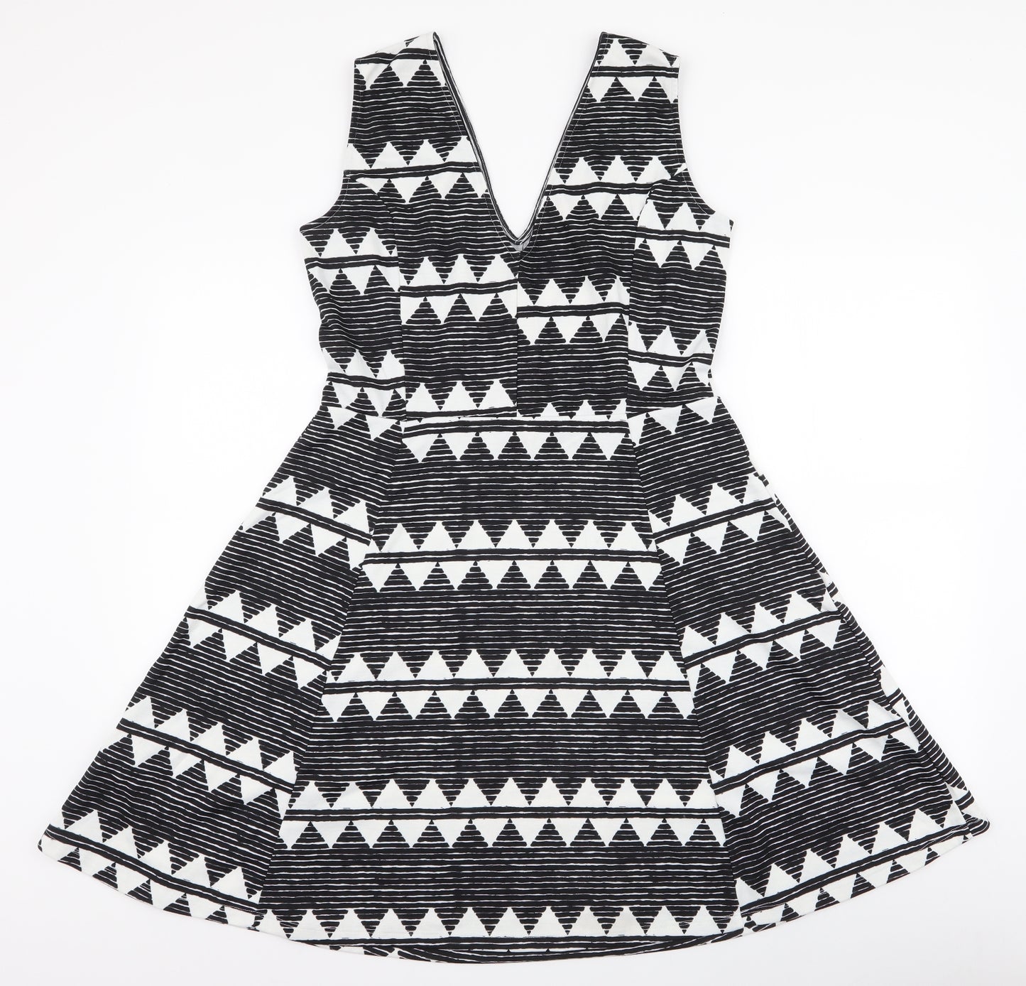 H&M Womens Black Geometric Polyester Skater Dress  Size L  V-Neck Pullover