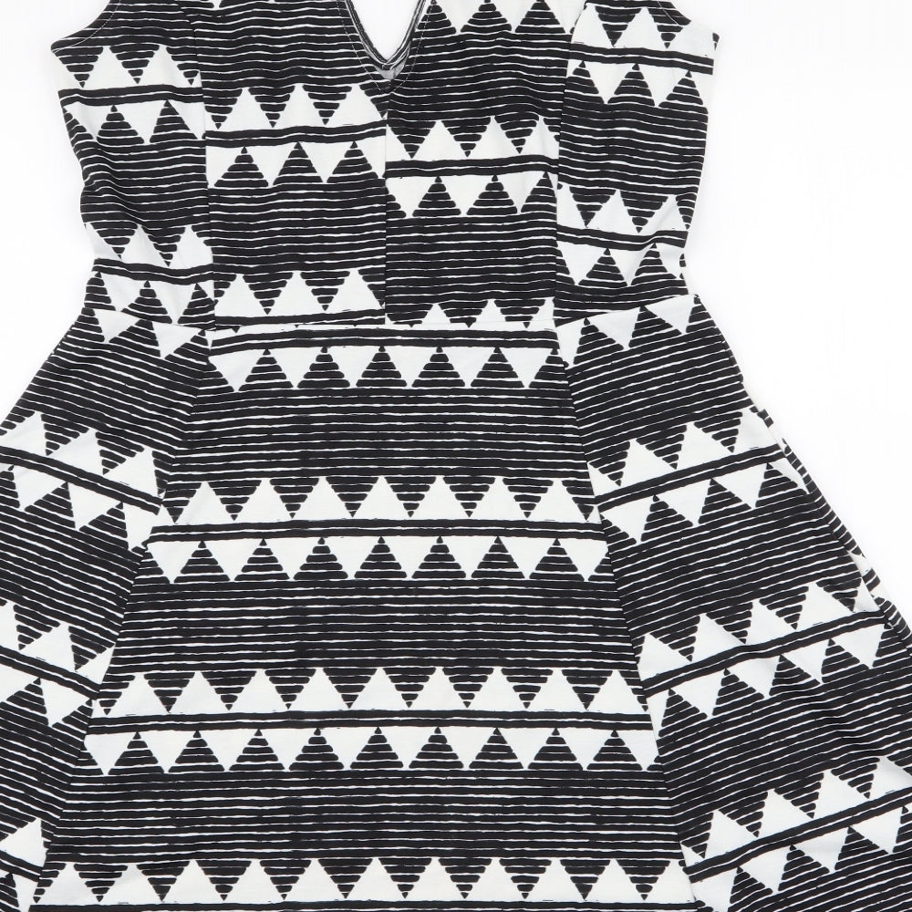 H&M Womens Black Geometric Polyester Skater Dress  Size L  V-Neck Pullover