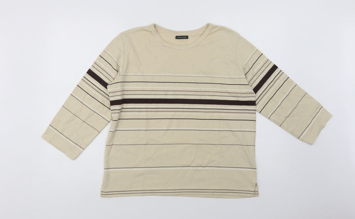 Dunnes Stores Womens Beige Striped Cotton Basic Blouse Size 10 Crew Neck