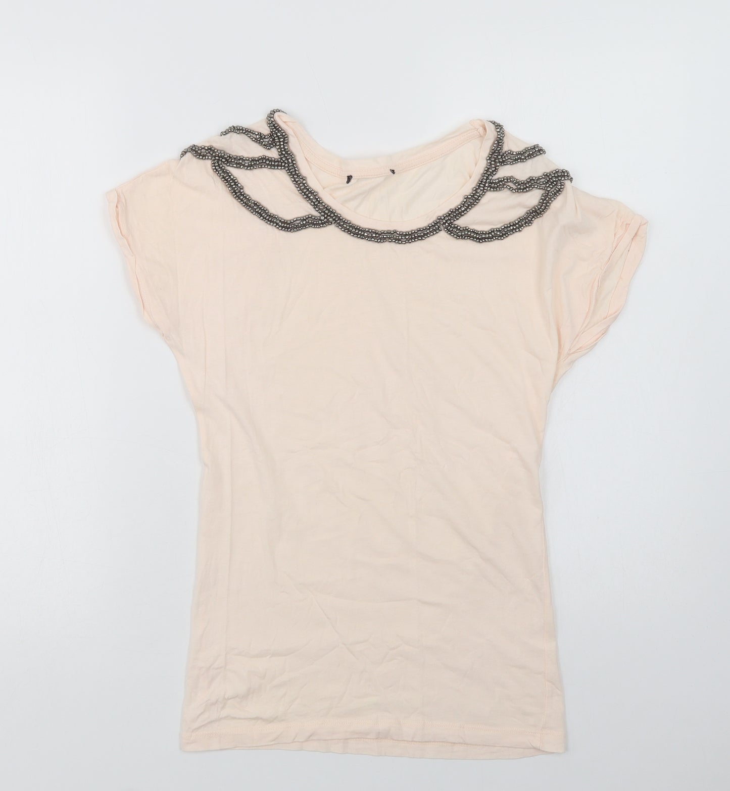 Preworn Womens Pink   Basic T-Shirt Size 8 Crew Neck - Embellished Neckline