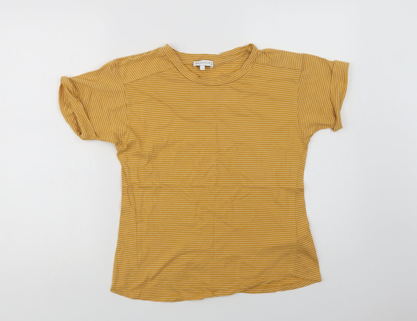Warehouse Womens Yellow Striped Cotton Basic T-Shirt Size 8 Crew Neck