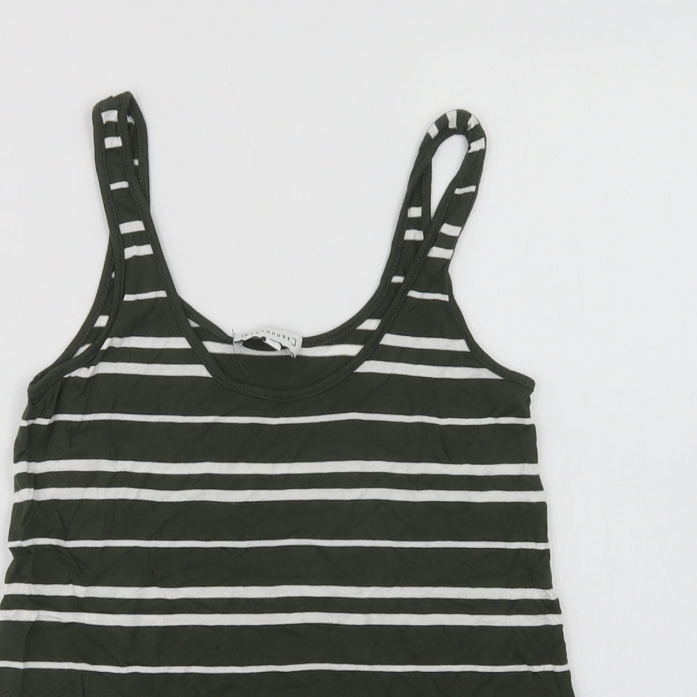 Warehouse Womens Green Striped Viscose Basic Tank Size 8 Scoop Neck