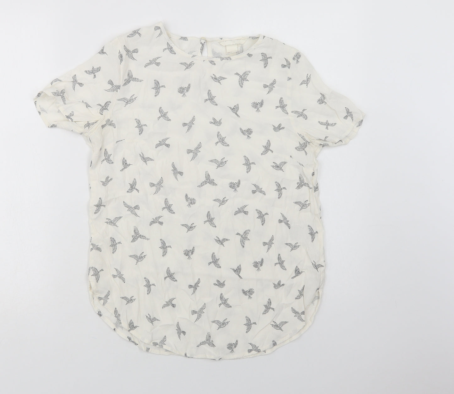 H&M Womens White Geometric Viscose Basic Blouse Size 8 Crew Neck - Bird Print