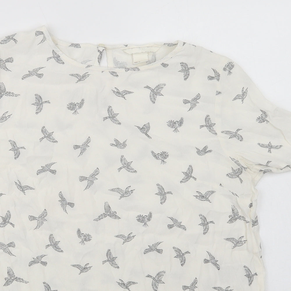 H&M Womens White Geometric Viscose Basic Blouse Size 8 Crew Neck - Bird Print