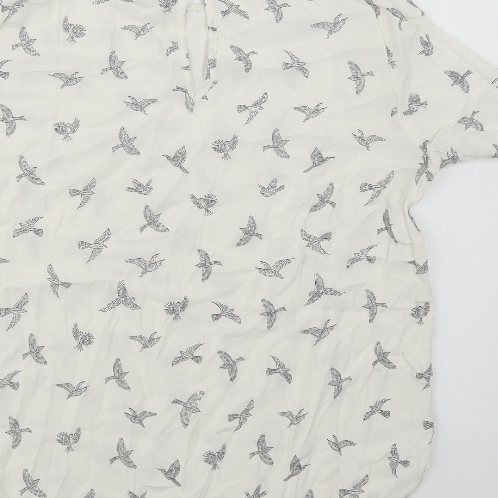 H&M Womens White Geometric Viscose Basic Blouse Size 8 Crew Neck - Bird Print