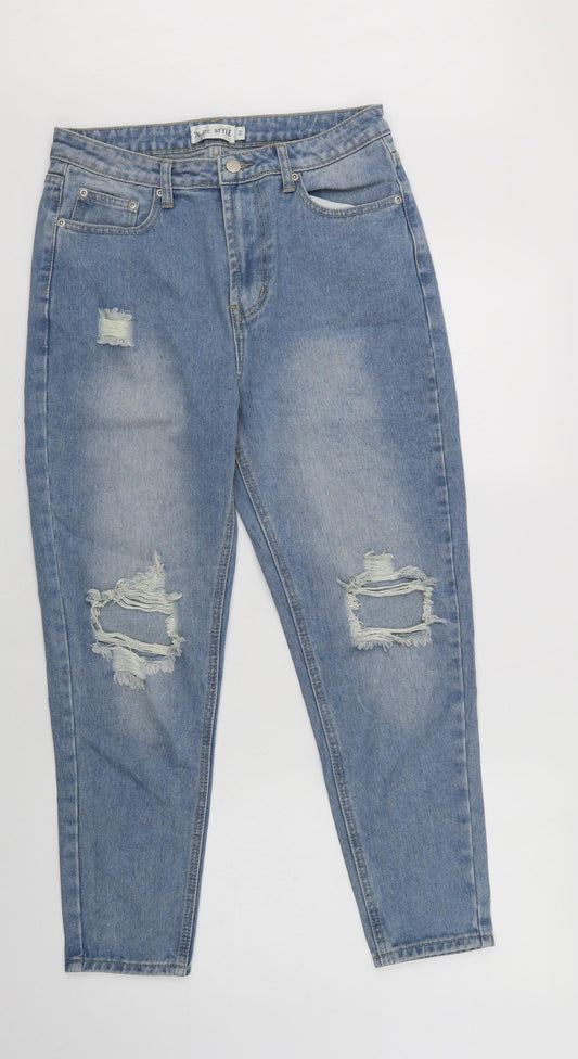 Front view of In the Style women’s blue cotton boyfriend jeans, size UK 10, 28-inch leg regular button