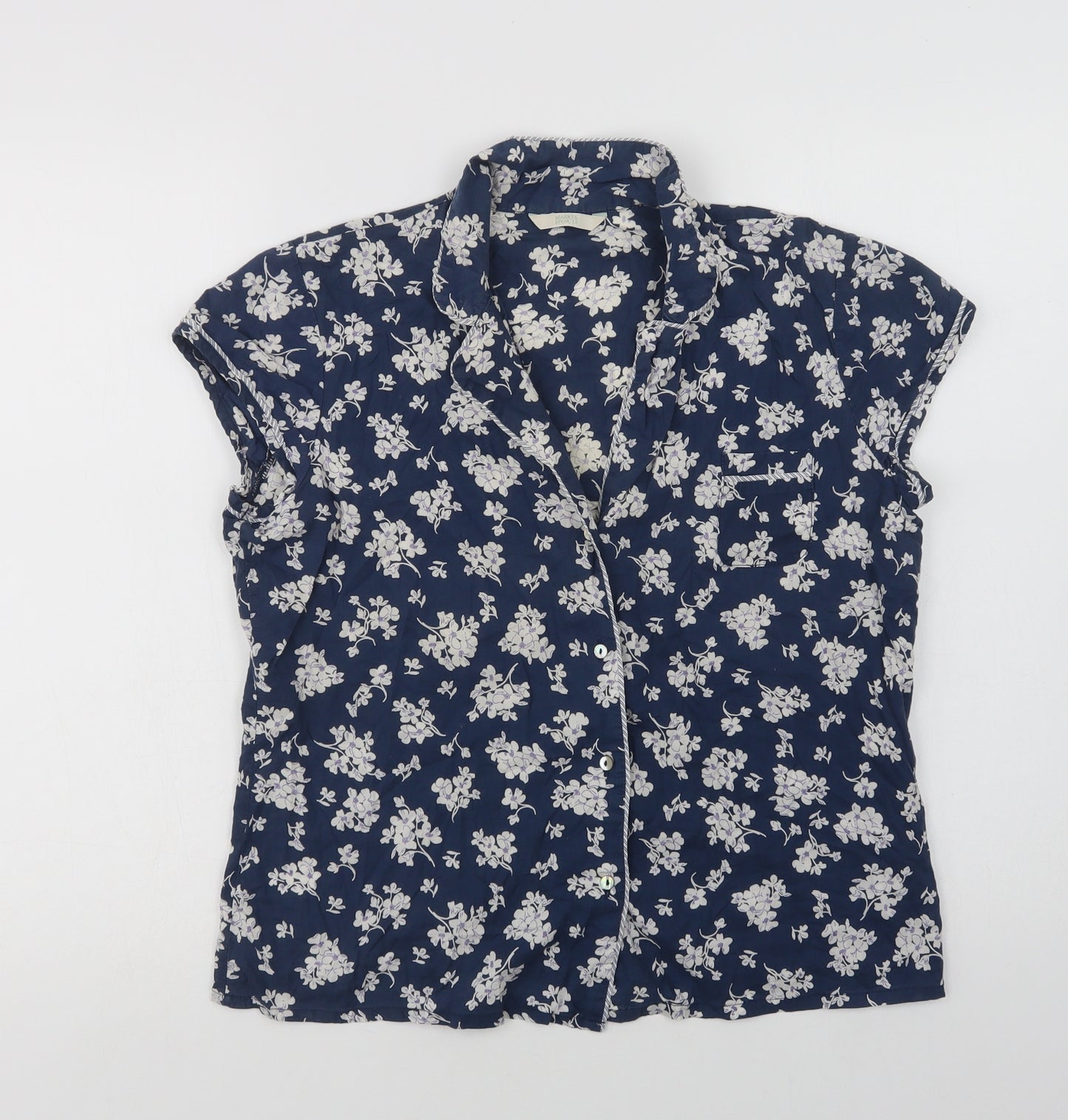 Marks and Spencer Womens Blue Floral Cotton Top Pyjama Top Size 12  Button