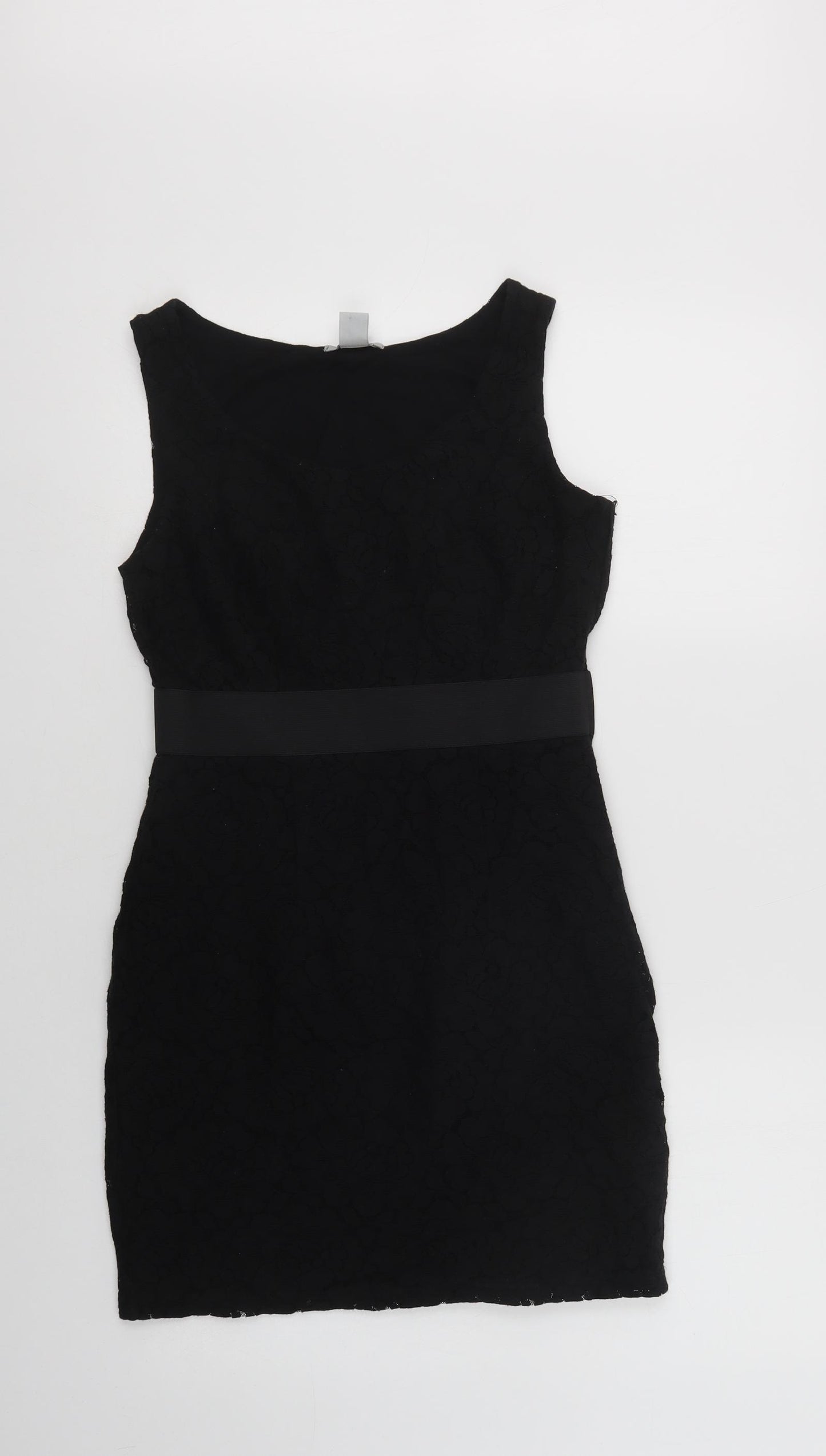 H&M Womens Black  Cotton Mini  Size 8  Round Neck Zip - Lace Overlay